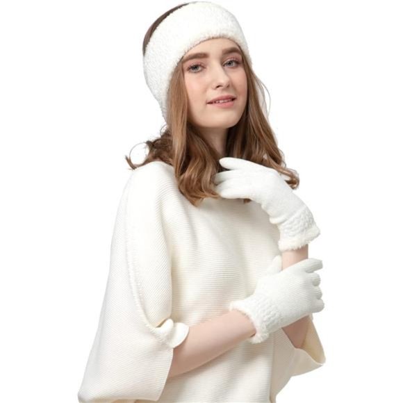 Womens Winter Cable Plush Warm Fleece Lined Knit Gloves & Headband 2 Pieces Set main image 6
